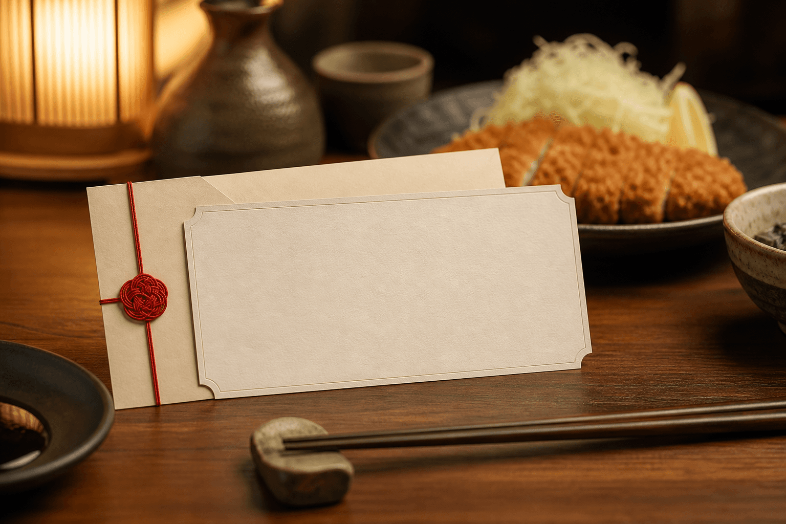 Gift voucher placeholder on a Japanese restaurant table